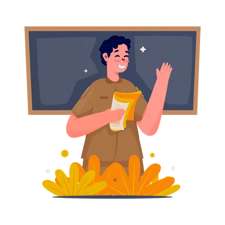 Male teacher is teaching and hold an open book in his right hand  Illustration