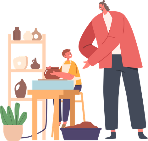 Male Teacher Patiently Instructs Child In The Art Of Pottery  イラスト