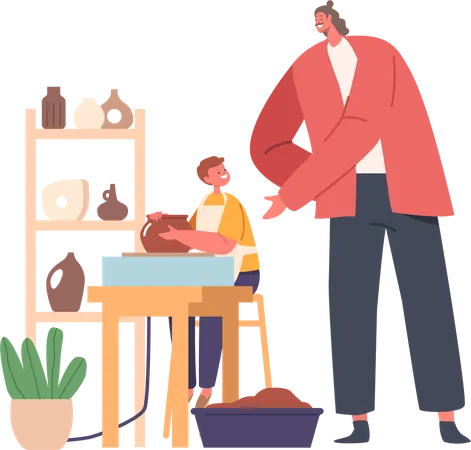 Man Teacher Character Patiently Instructs Child In The Art Of Pottery Guiding Their Hands And Encouraging Creativity Fostering A Bond Through Shared Craftsmanship Cartoon People Vector Illustration イラスト