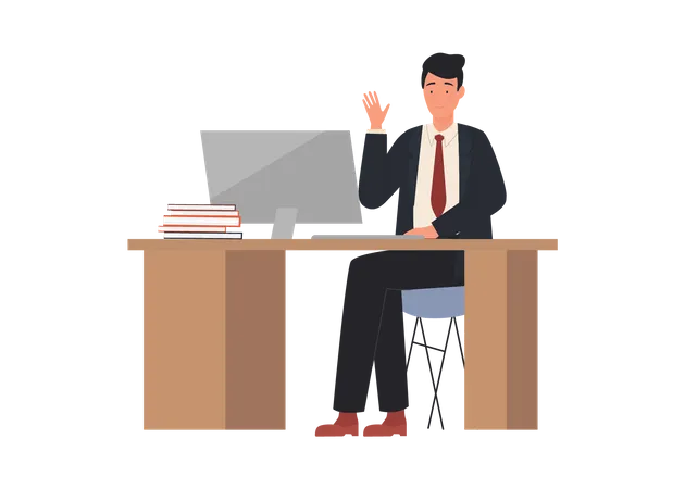 Male teacher sitting on computer desk  Illustration