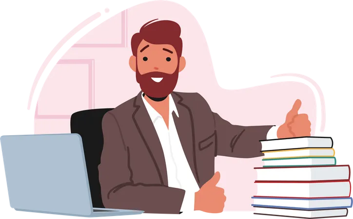 Male Teacher Character Smiling And Showing Thumb Up Gesture While Sitting At Desk With Laptop And Pile Of Books Positive Educational Environment Teaching Concept Cartoon People Vector Illustration Illustration