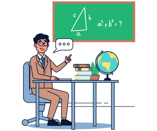 Male teacher standing teach math by school chalkboard  Illustration