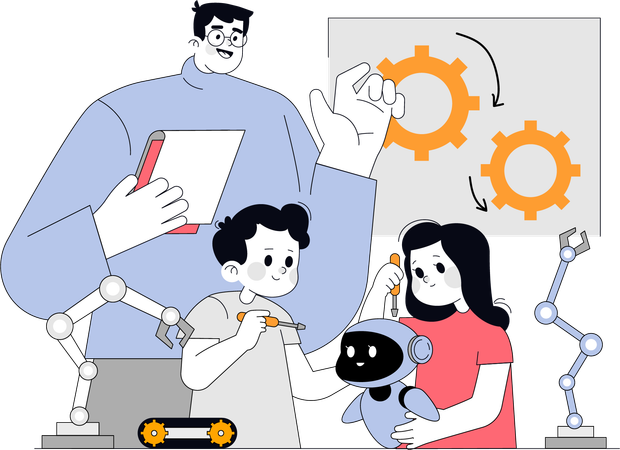 Male teacher teaching robot fixing  Illustration