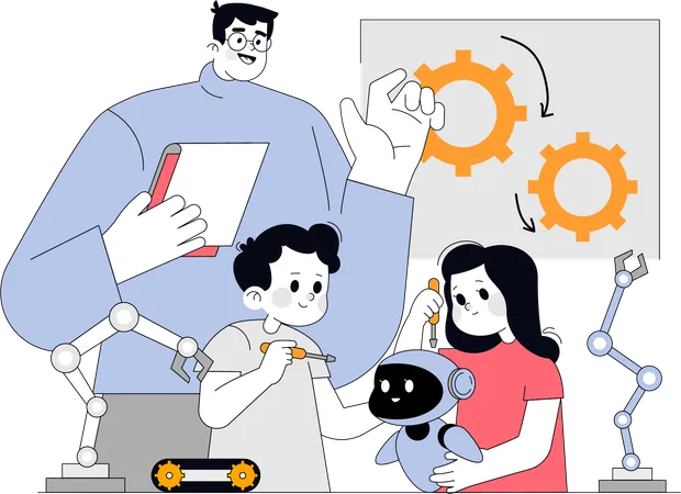 Male teacher teaching robot fixing  Illustration