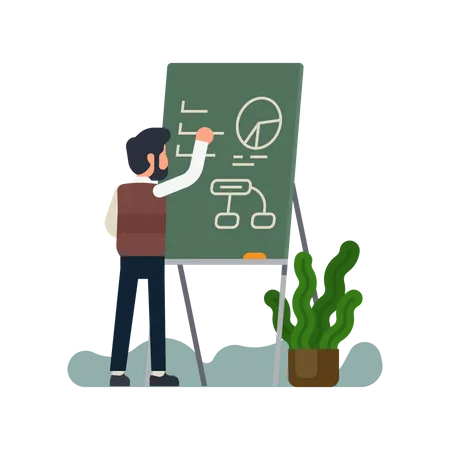 Cool Vector Concept Illustration On Businessman Working On Business Strategy Male Teacher Character Writes Down Information On Chalkboard Illustration