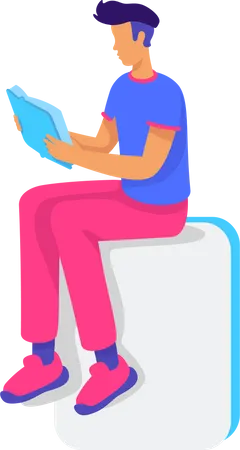 Male teenager with book sitting on white block Illustration