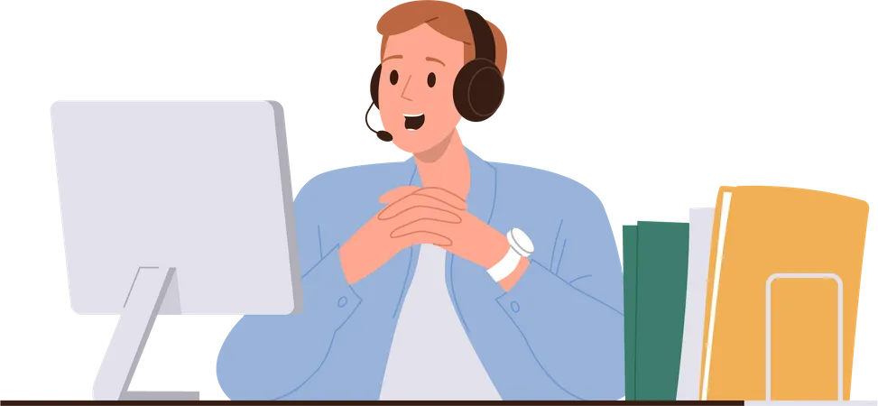 Professional Man Company Helpline Worker Character Vector Illustration Operator Of Call Center Help Service Wearing Headphones Talking To Client Giving Support Using Video Chat On Laptop Computer Illustration