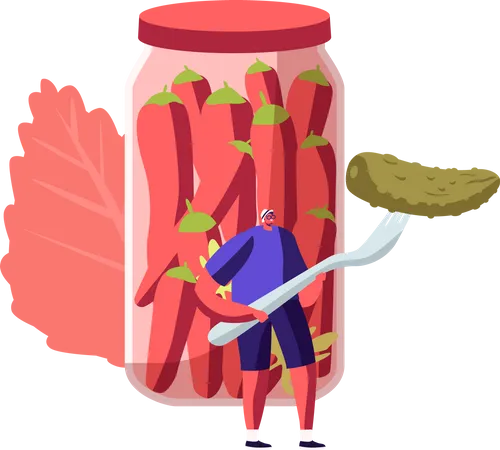 Homme tenant un concombre cornichon sur un support de fourche dans un bocal en verre avec des piments rouges  Illustration