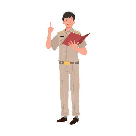 Male Thai Government Officers In Uniform Thai Man Teacher Explaining Knowledge From Book Cartoon Character Flat Vector Illustration Illustration