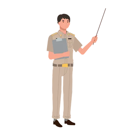 Male Thai Government Officers In Uniform Thai Man Teacher Holding Pointer Stick And Clipboard Explaining Knowledge Cartoon Character Flat Vector Illustration Illustration