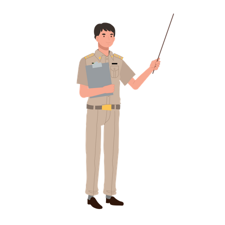 Male Thai government officer holding pointer stick with clipboard and explaining knowledge  Illustration