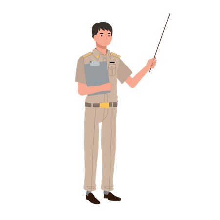 Male Thai government officer holding pointer stick with clipboard and explaining knowledge  Illustration
