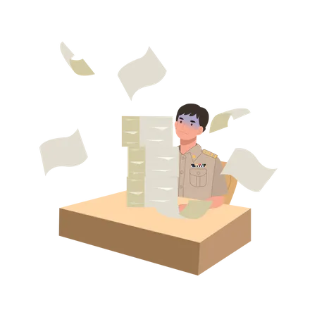Male Thai Government Officers In Uniform Thai Man Teacher With Too Overload Paper Worksheet On The Desk Flat Vector Illustration Illustration