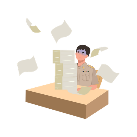 Male Thai government officer with too overload paper worksheet on desk  Illustration