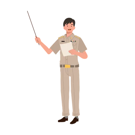 Male Thai Government Officers In Uniform Thai Man Teacher Holding Pointer Stick Explaining Knowledge Cartoon Character Flat Vector Illustration Illustration