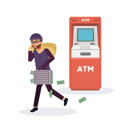 Male thief steals money from ATM  Illustration