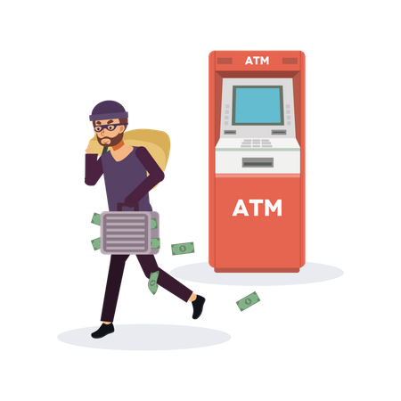 Male thief steals money from ATM  Illustration