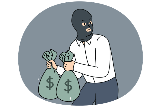 Male thief with money bags in hands  Illustration