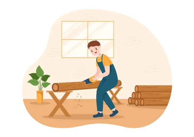 Male timber cutting wooden log with Chainsaw Illustration