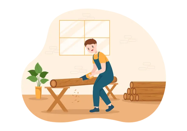 Male timber cutting wooden log with Chainsaw  Illustration