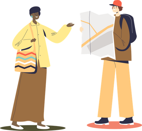 Male tourist asking local woman direction Illustration