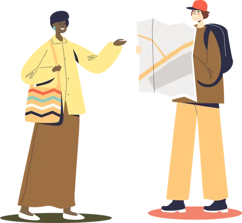 Male tourist asking local woman direction  Illustration