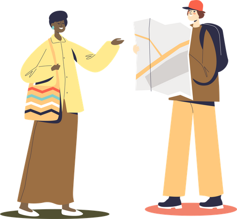 Male tourist asking local woman direction  Illustration