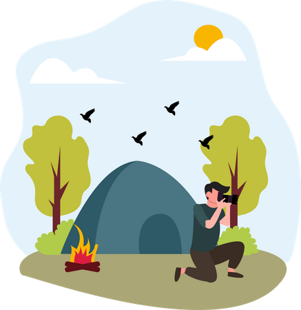 Male tourist camping and clicking photos  Illustration