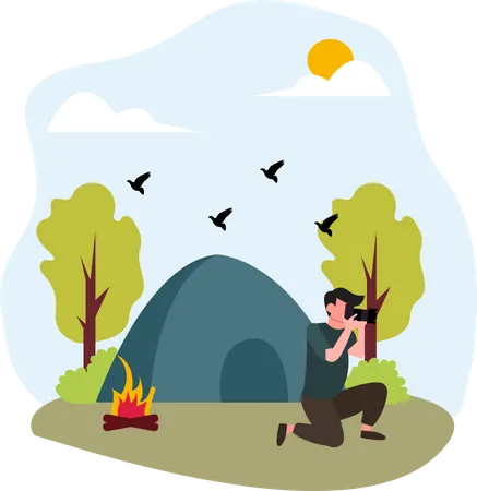 Male tourist camping and clicking photos  Illustration