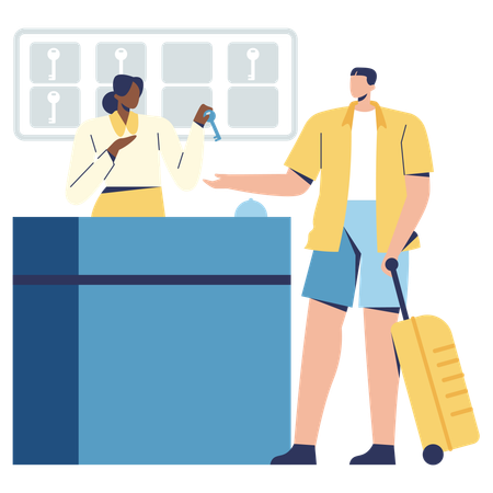 Male tourist Check in room while taking rook key from hotel reception  Illustration