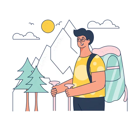 Male tourist do hiking at snow forest  Illustration