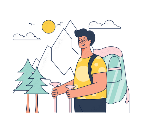 Male tourist do hiking at snow forest  Illustration