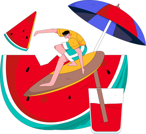 Male tourist enjoying surfboard  Illustration