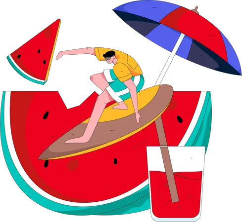 Male tourist enjoying surfboard  Illustration