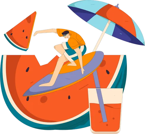 Male tourist enjoying surfboard  Illustration