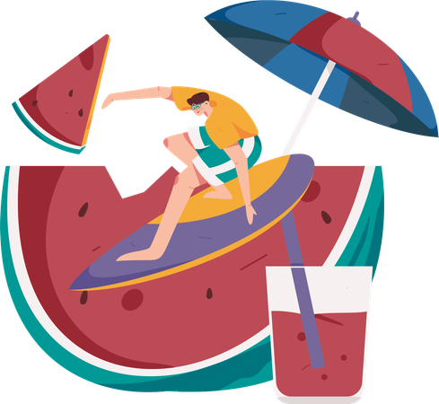 Male tourist enjoying surfboard  Illustration