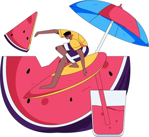 Male tourist enjoying surfboard  Illustration