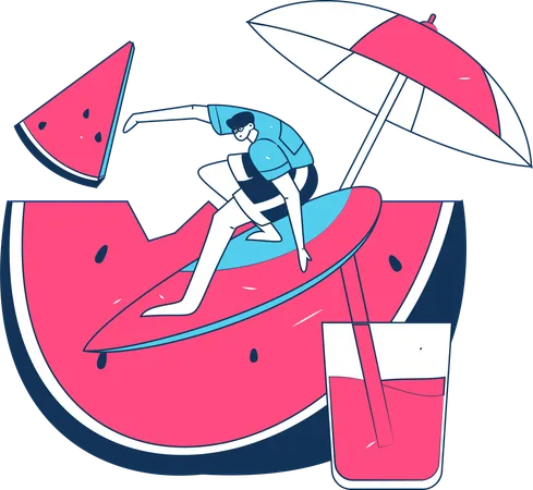 Male tourist enjoying surfboard  Illustration