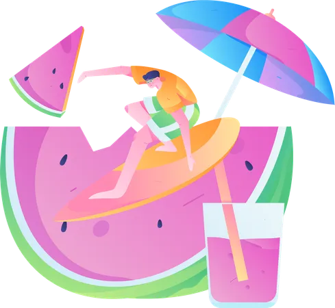 Male tourist enjoying surfboard  Illustration