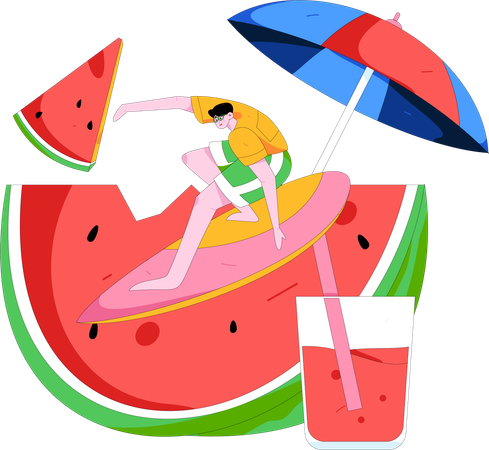 Male tourist enjoying surfboard  Illustration