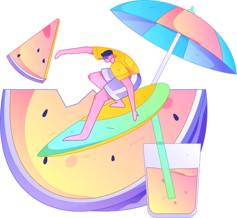 Male tourist enjoying surfboard  Illustration