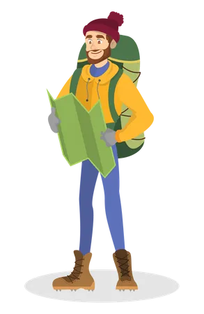 Man Hiker In Special Tourist Clothes And With Backpack Looking At The Map Idea Of Travel And Journey Isolated Vector Illustration In Cartoon Style Illustration