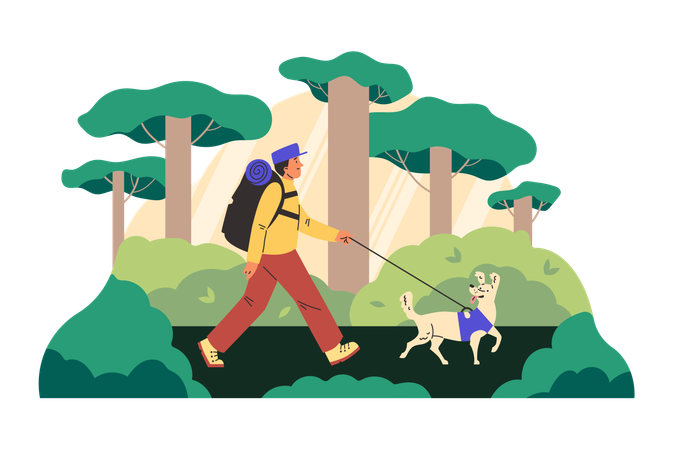 Male tourist going outside with dog  Illustration