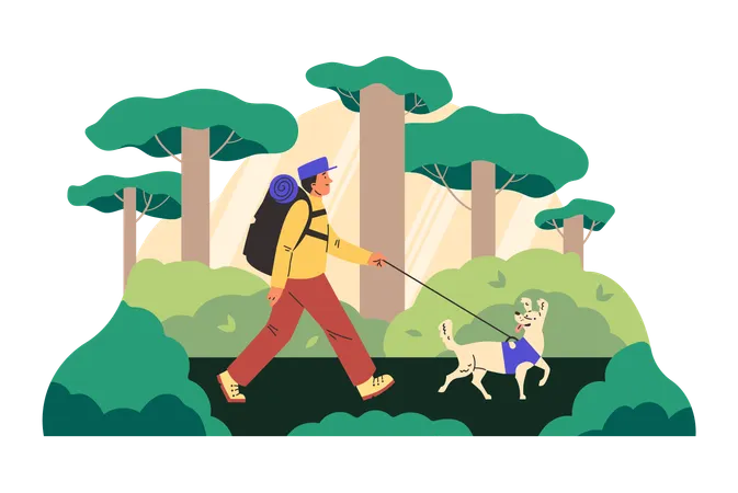 Male tourist going outside with dog  Illustration