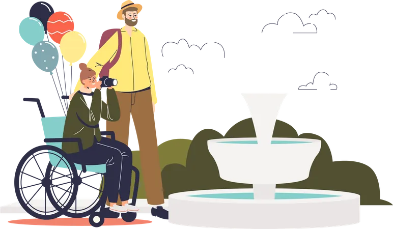 Male tourist helping woman on wheelchair Illustration