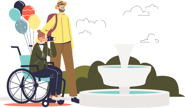 Male tourist helping woman on wheelchair  Illustration