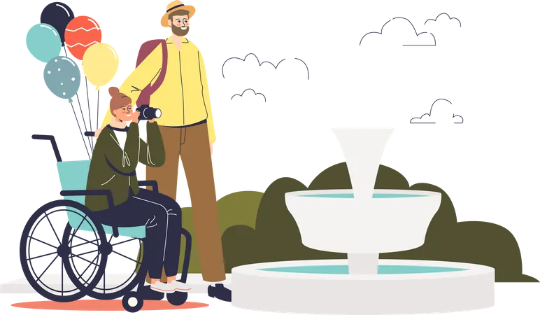 Male tourist helping woman on wheelchair  Illustration