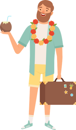 Male tourist holding coconut and suitcase Illustration
