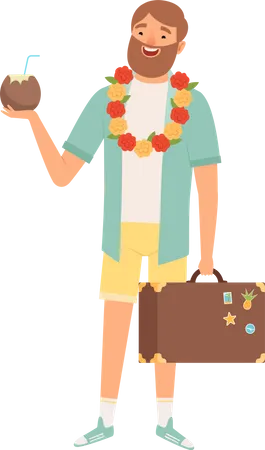Male tourist holding coconut and suitcase  Illustration