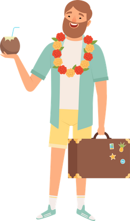 Male tourist holding coconut and suitcase  Illustration